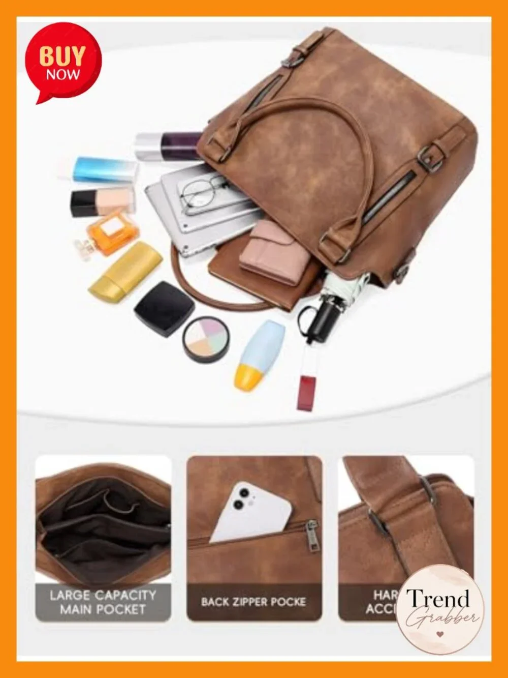 Vegan Leather Large Hobo Handbag Multi-Pocket Shoulder Crossbody Bag